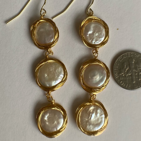 Handmade White 3 Coin Pearl Dangle Earring 14K Yellow Gold Plate - Picture 6 of 6